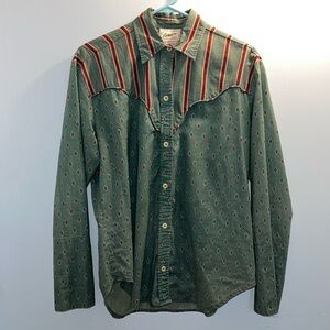 Vintage Comoni Women’s M button down, teal w/diamond pattern, red stripes